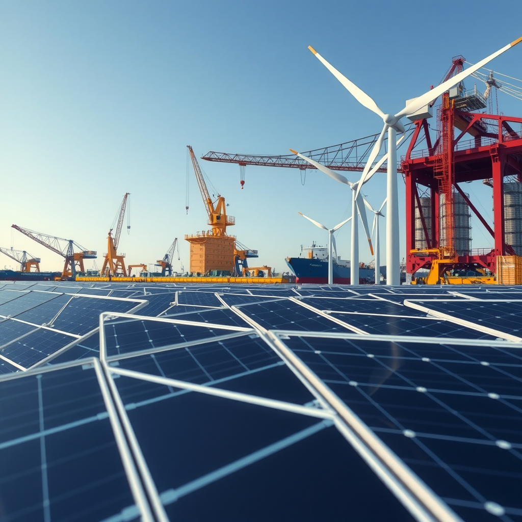 Современная энергетическая инфраструктура с солнечными панелями и ветровыми турбинами на фоне промышленного объекта судостроительного типа