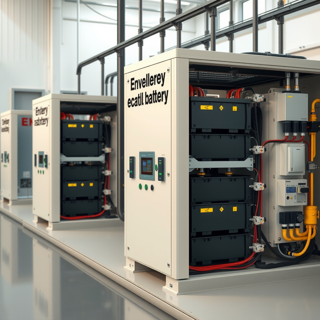 Модульные системы накопления энергии на батареях, установленные в современной электрической подстанции с видимыми стойками аккумуляторов, системами управления и соединительными кабелями