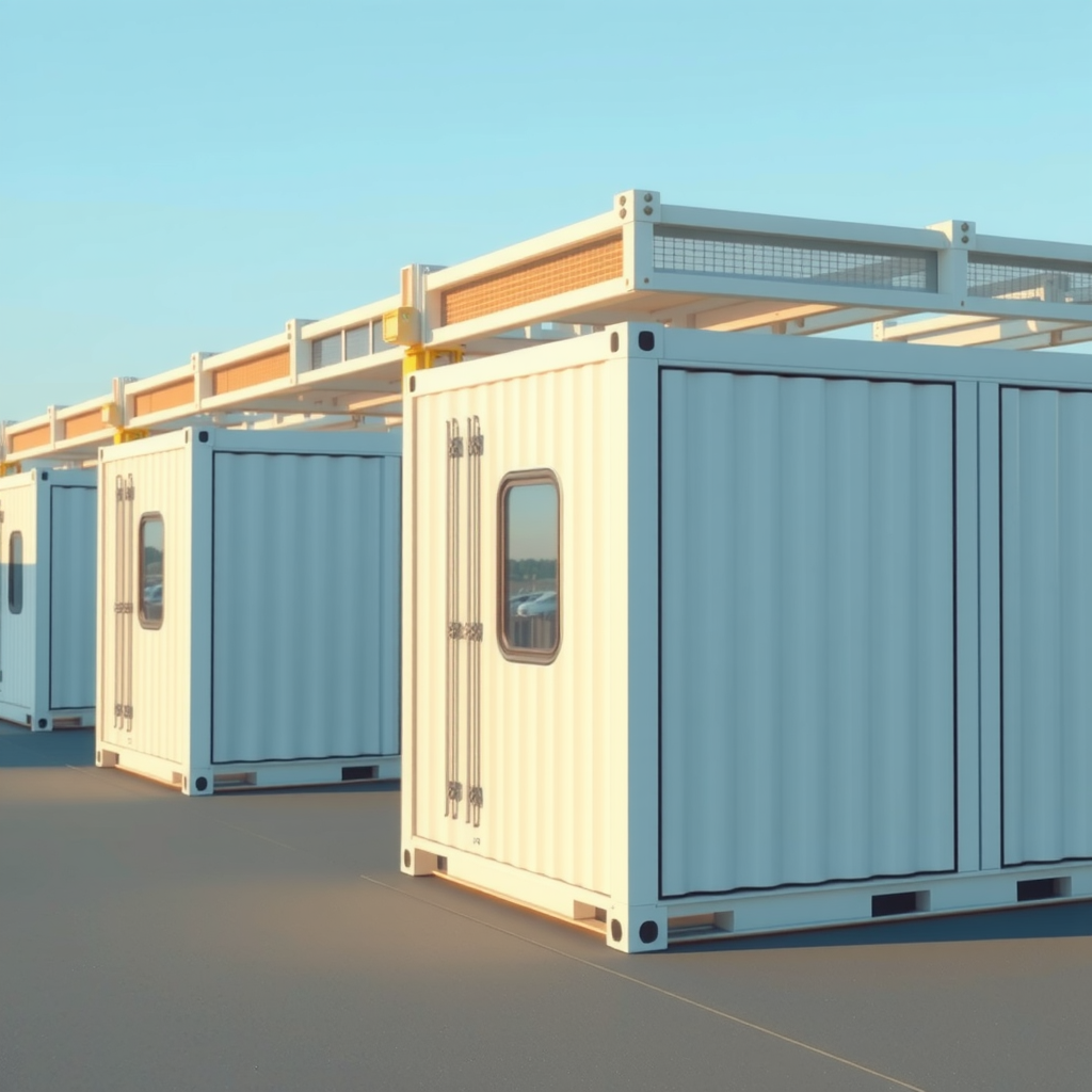 Современный объект модульного накопления энергии с рядами белых контейнеров на фоне голубого неба, демонстрирующий масштабируемую инфраструктуру хранения