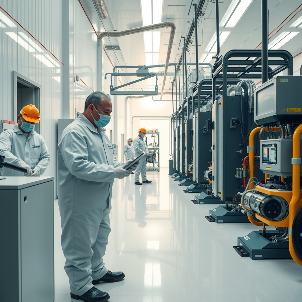 Современная лаборатория водородных топливных элементов с высокотехнологичным оборудованием, исследователи в защитных костюмах работают с водородными установками, яркое освещение, футуристический дизайн