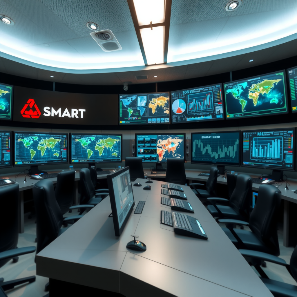 Современный центр управления интеллектуальной энергосетью с множеством мониторов, отображающих данные о потоках энергии в реальном времени, сетевую топологию и аналитические панели