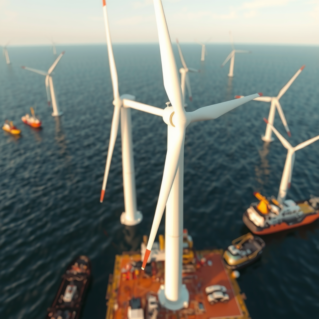 Морская ветроэнергетическая установка с несколькими турбинами на фоне океана, поддерживающие суда и инженерное оборудование