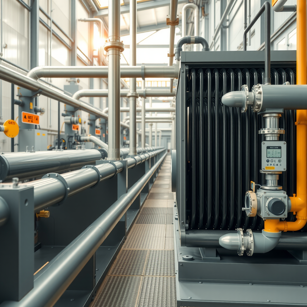 Современная система рекуперации тепловой энергии на промышленном предприятии с теплообменниками и трубопроводами