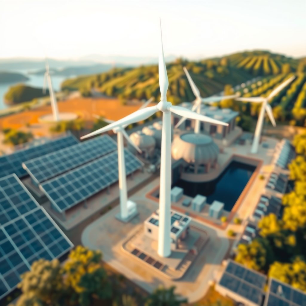 Панорама современных возобновляемых источников энергии: солнечные панели, ветровые турбины и гидроэлектростанция в едином энергетическом комплексе
