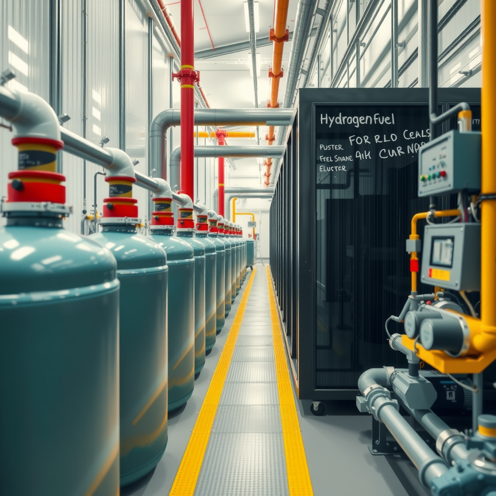 Водородные топливные элементы в промышленной установке с видимыми реакторами, трубопроводами и системами контроля, демонстрирующие современные технологии производства чистой энергии