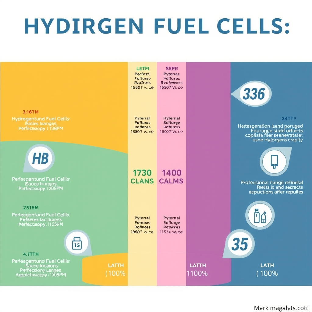 Сравнительная диаграмма различных типов водородных топливных элементов с техническими характеристиками, температурными режимами и областями применения, инфографика в современном стиле