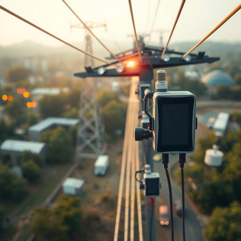 Сеть интеллектуальных датчиков и IoT-устройств, установленных на линиях электропередач и подстанциях, с визуализацией потоков данных между устройствами