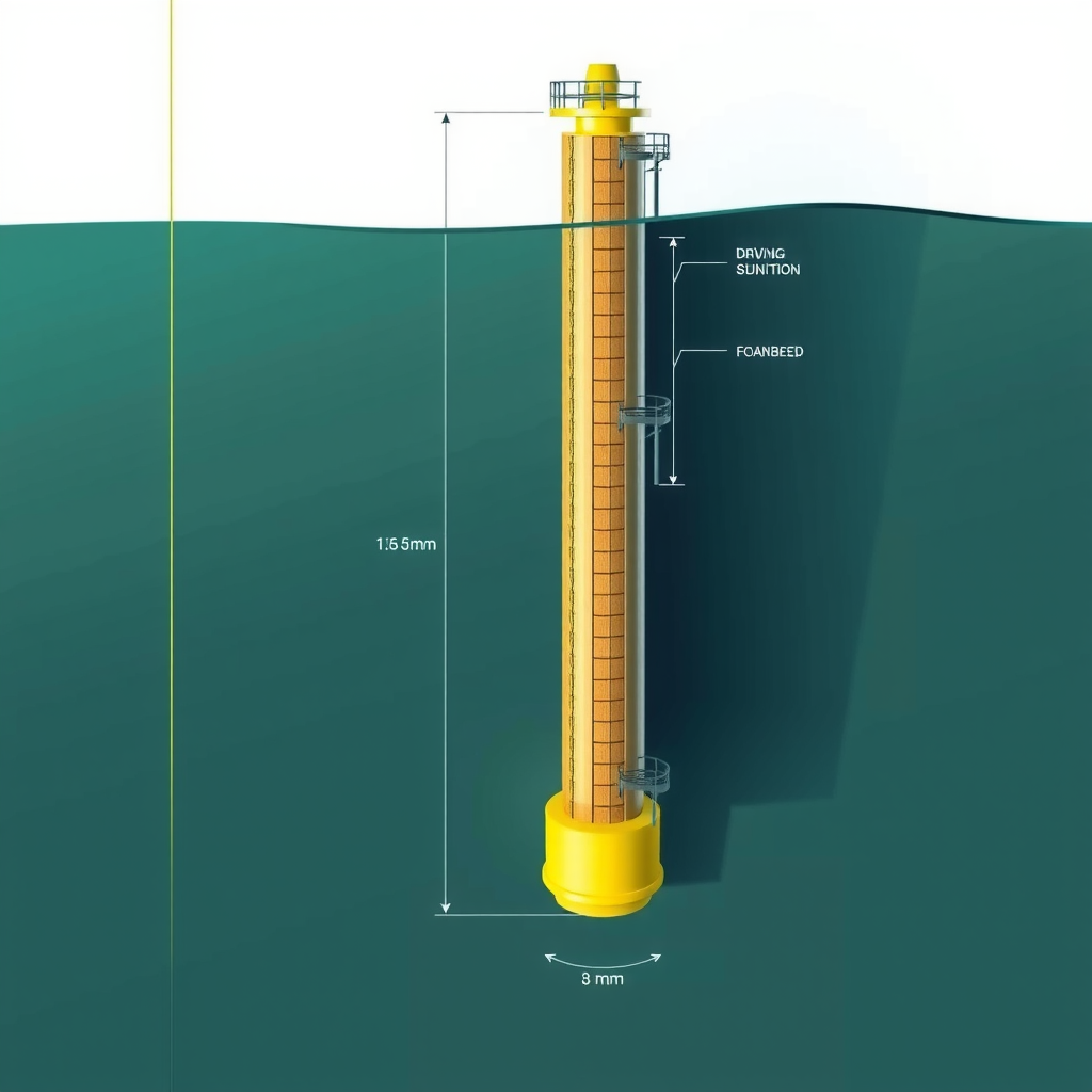 Техническая схема монопильного фундамента с размерами, поперечным сечением и указанием глубины забивки в морское дно