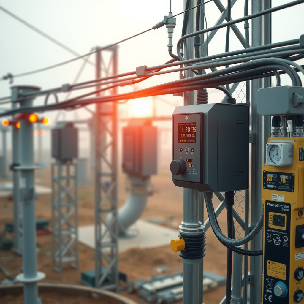 Интеллектуальная электрическая сеть с цифровыми датчиками, системами мониторинга в реальном времени и автоматизированными распределительными узлами, показывающая современную инфраструктуру управления энергией