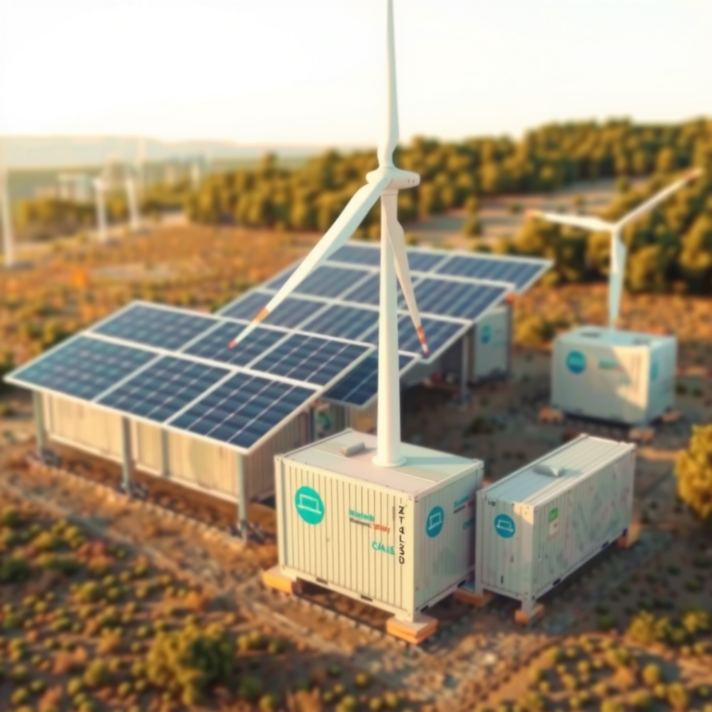 Солнечная и ветровая электростанция, интегрированная с контейнерами накопления энергии на открытой местности, демонстрирующая синергию возобновляемых источников и систем хранения