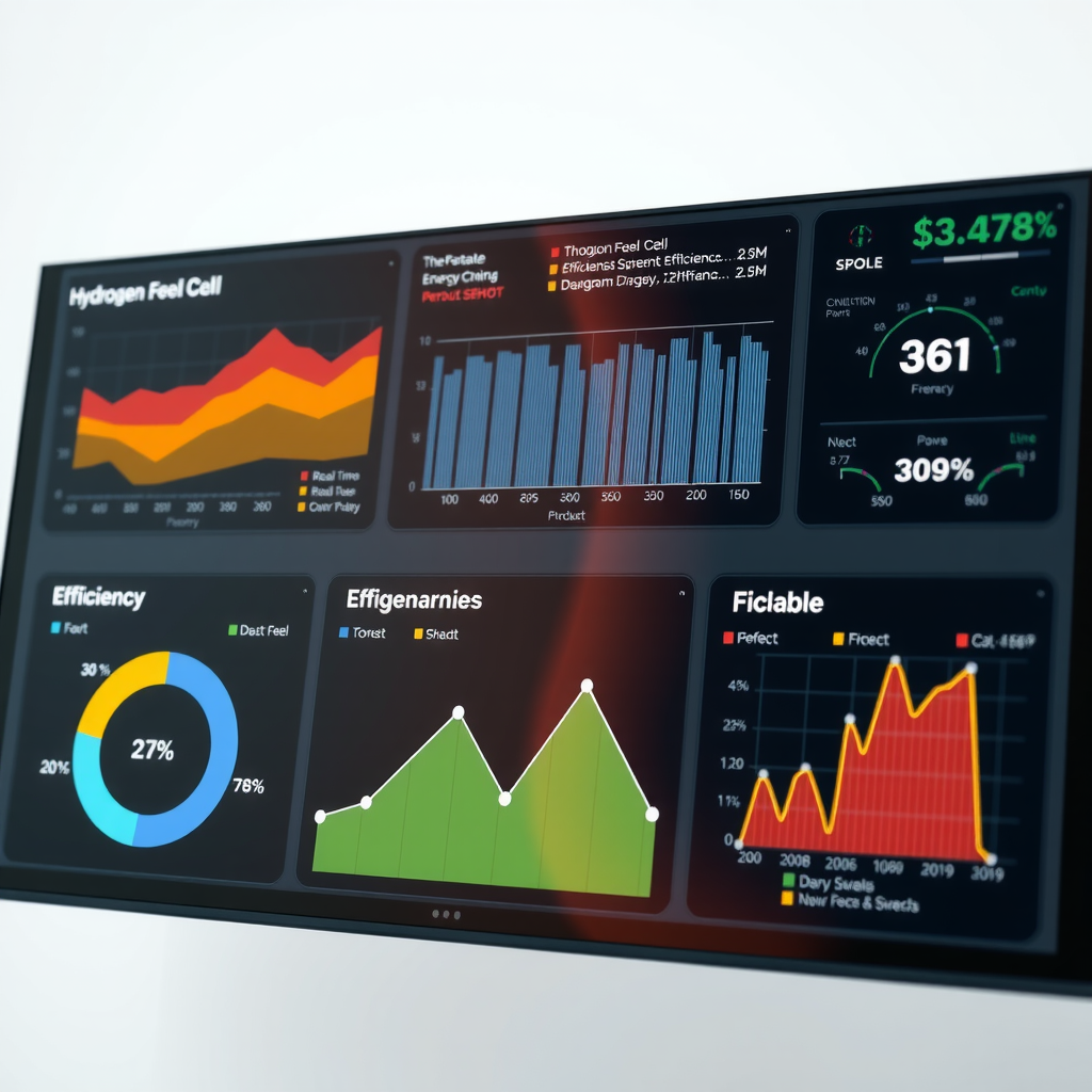 Интерактивная панель с графиками эффективности водородных топливных элементов, сравнительные диаграммы КПД различных энергетических систем, технические показатели в реальном времени