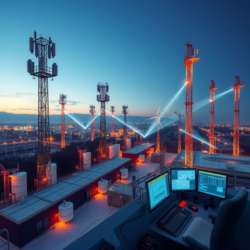 Инфраструктура беспроводной связи с вышками 5G и визуализацией передачи данных между энергетическими объектами и центром управления