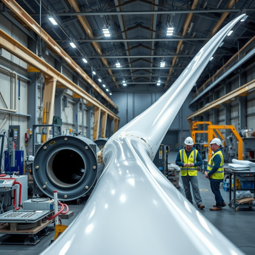 Процесс производства лопасти ветротурбины на заводе с использованием композитных материалов, рабочие в защитной одежде