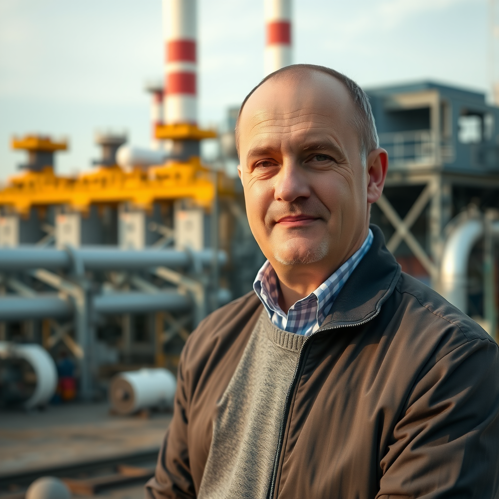 Портрет Алексея Смирнова, главного редактора Fyranta Core, на фоне энергетического объекта