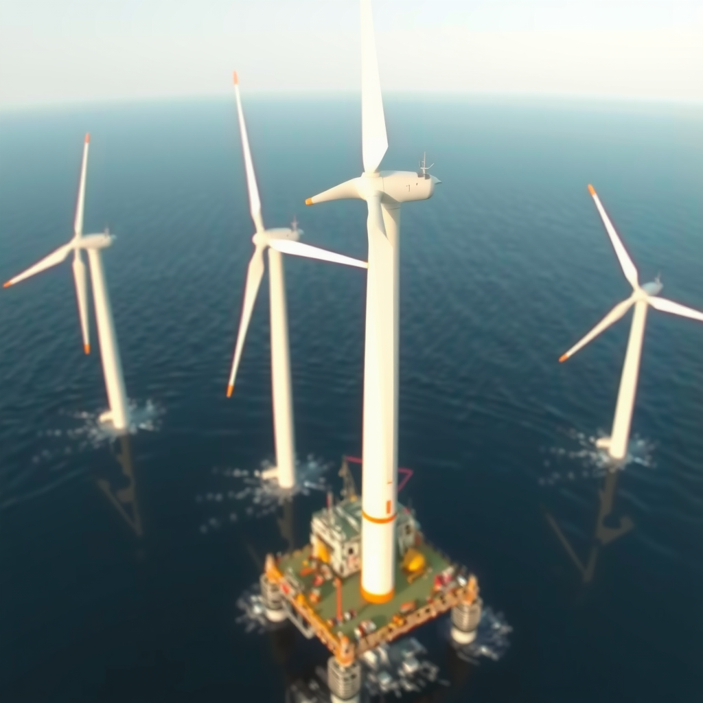 Морские ветровые турбины, установленные в океане, с массивными фундаментами, высокими башнями и вращающимися лопастями, демонстрирующие масштабную инфраструктуру возобновляемой энергетики