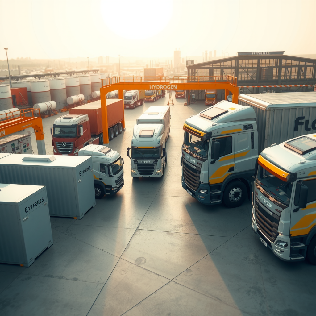 Промышленный комплекс с водородными установками, грузовые автомобили на водородных топливных элементах, заправочная инфраструктура, современное производственное оборудование