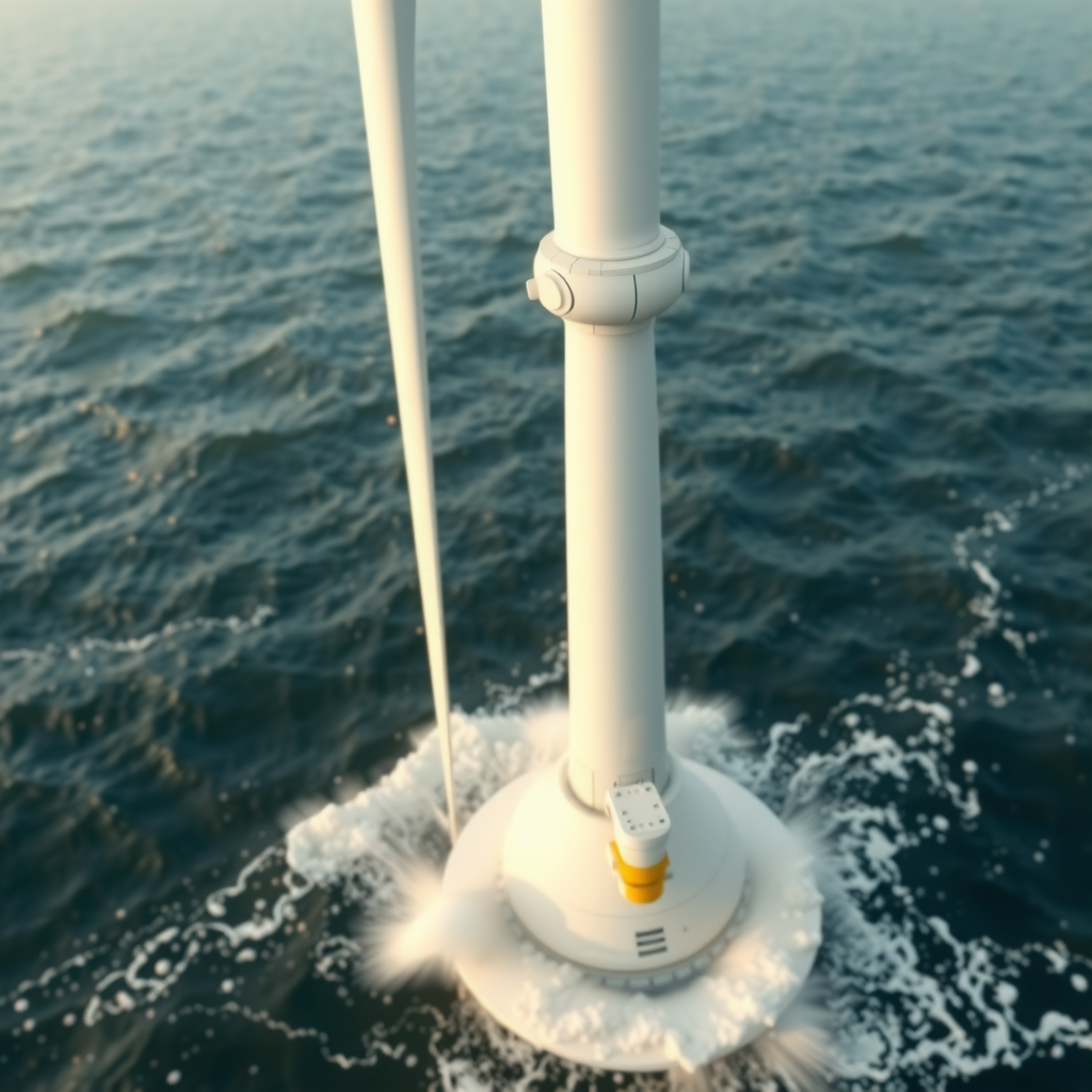 Морская ветроустановка в штормовых условиях с высокими волнами и брызгами, демонстрация устойчивости конструкции