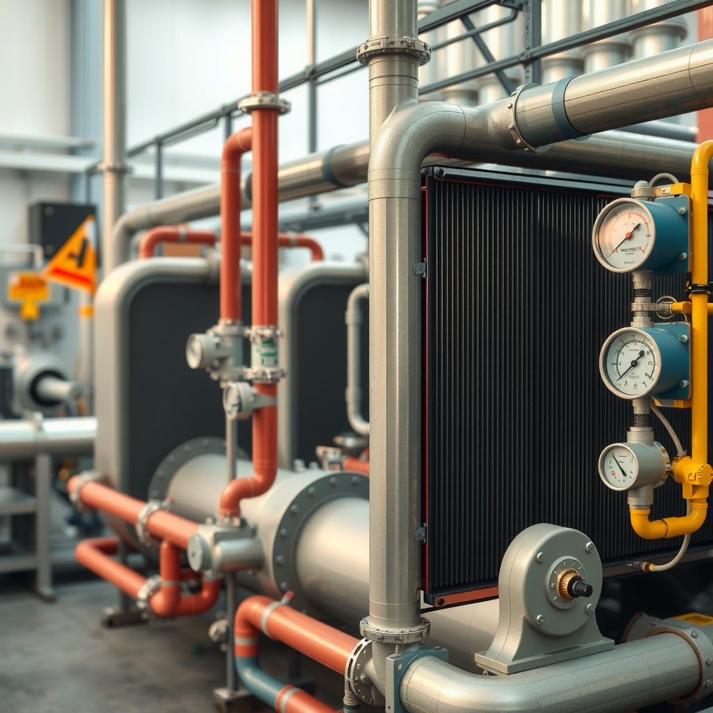 Промышленная система рекуперации тепловой энергии с теплообменниками, трубопроводами и измерительными приборами на производственном предприятии, показывающая технологии повторного использования отработанного тепла