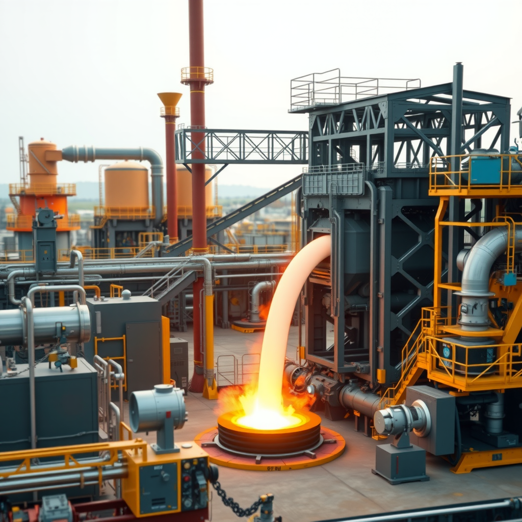 Современный сталелитейный завод с водородными технологиями, промышленные установки прямого восстановления железа, зеленые энергетические решения, минимальные выбросы