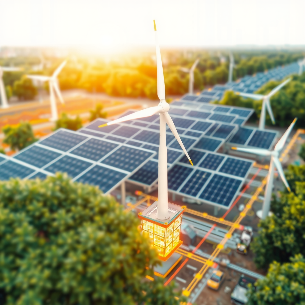 Интеграция зеленой энергетики: солнечные панели, ветряные турбины и инфраструктура интеллектуальной сети с визуализацией потоков возобновляемой энергии
