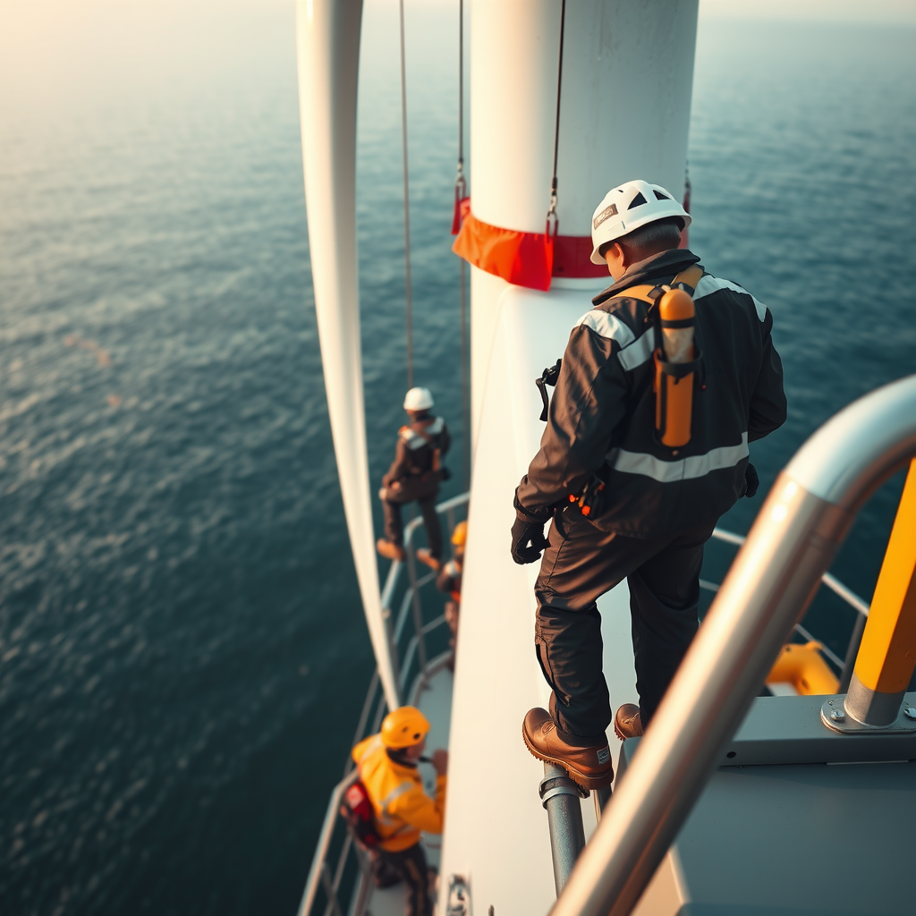 Бригада технического обслуживания поднимается на морскую ветроустановку с сервисного судна, оборудование для доступа