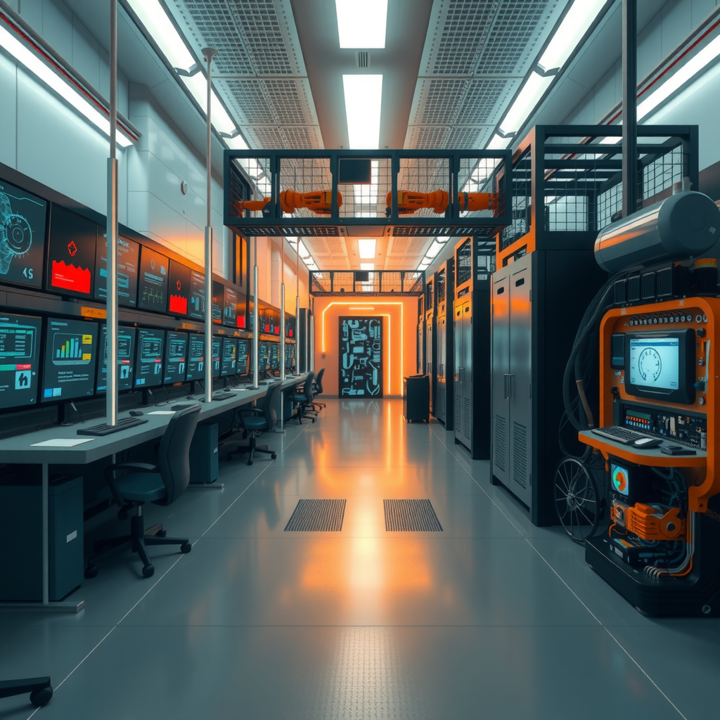 Энергосеть будущего с искусственным интеллектом, квантовыми вычислениями и передовыми технологиями автоматизации, визуализация футуристического центра управления